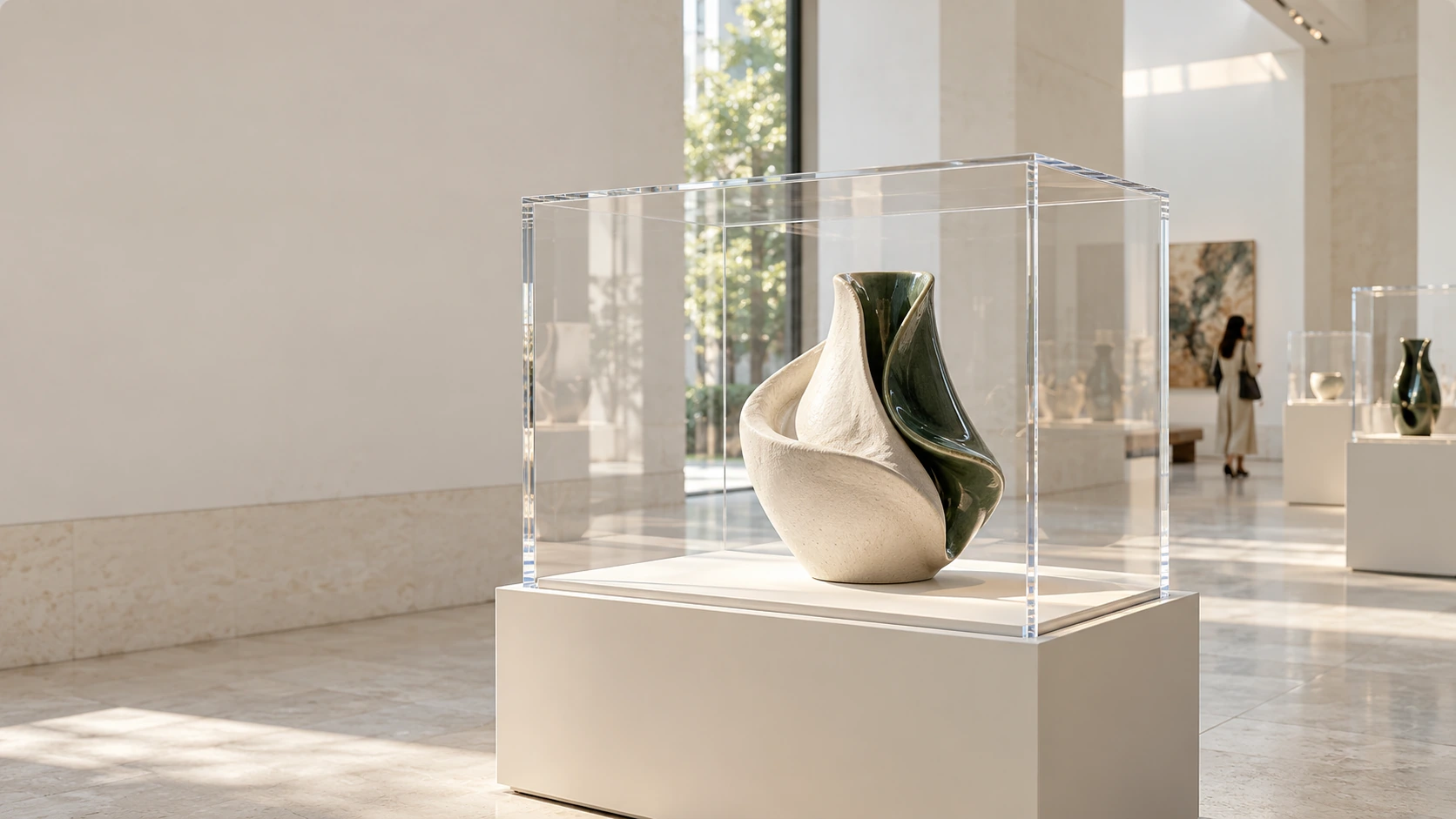 A polished clear acrylic display cover showcasing an ivory and green ceramic vessel in a light-filled gallery