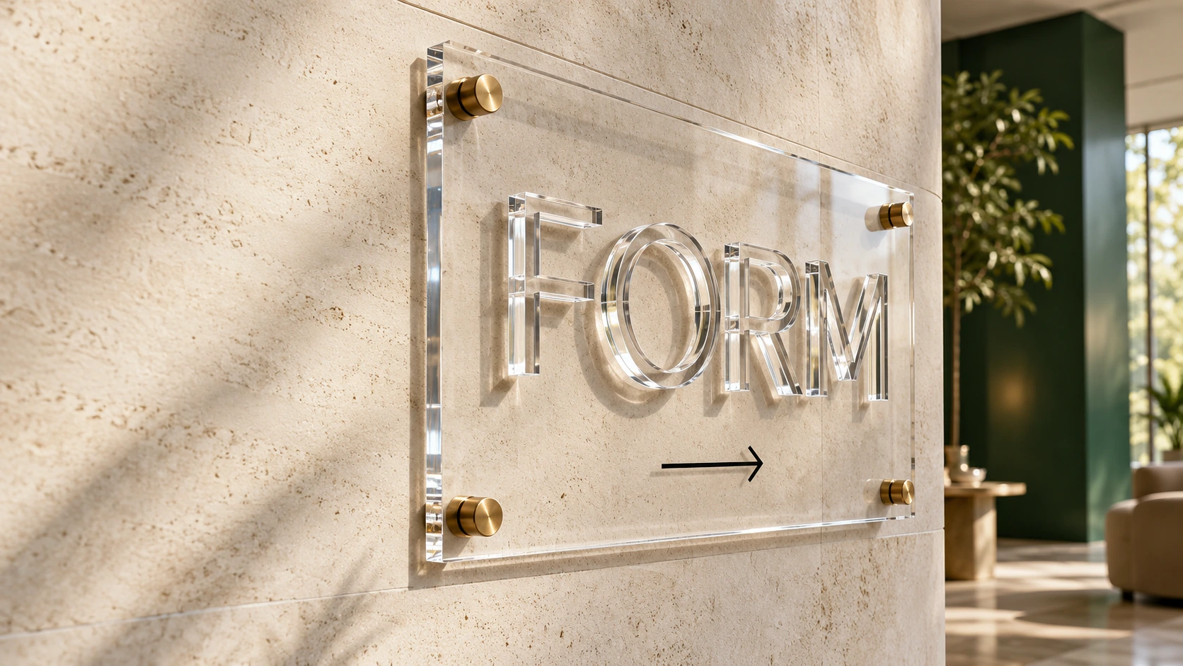 Dimensional clear acrylic FORM lettering on a polished clear panel mounted to limestone with brass standoffs